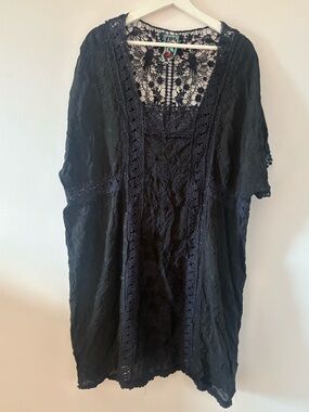 Johnny Was black bohemian embroidered crochet lace overlay / cover-up dress 1X